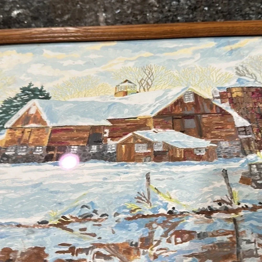 painting winter landscape, farm